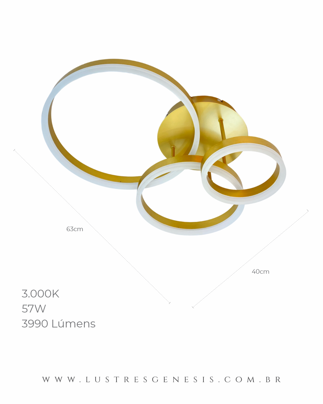 Plafon Moderno Aliança com 3 Anéis Dourados e LED Integrado